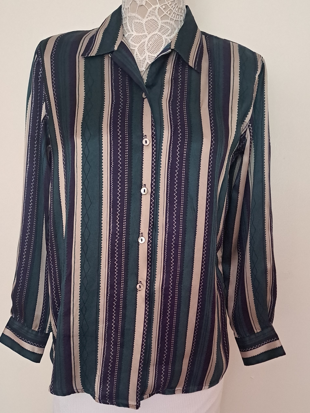 Vintage Petite Sophisticate Vertical Stripe Button-Down Shirt in Green and Cream